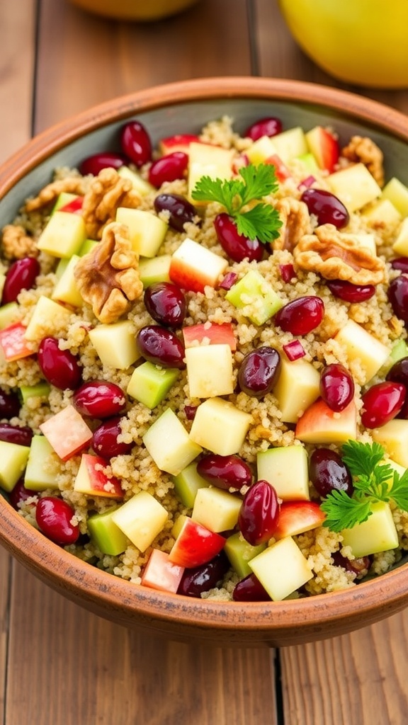 A colorful quinoa salad with apples, cranberries, and walnuts in a rustic bowl, garnished with parsley.